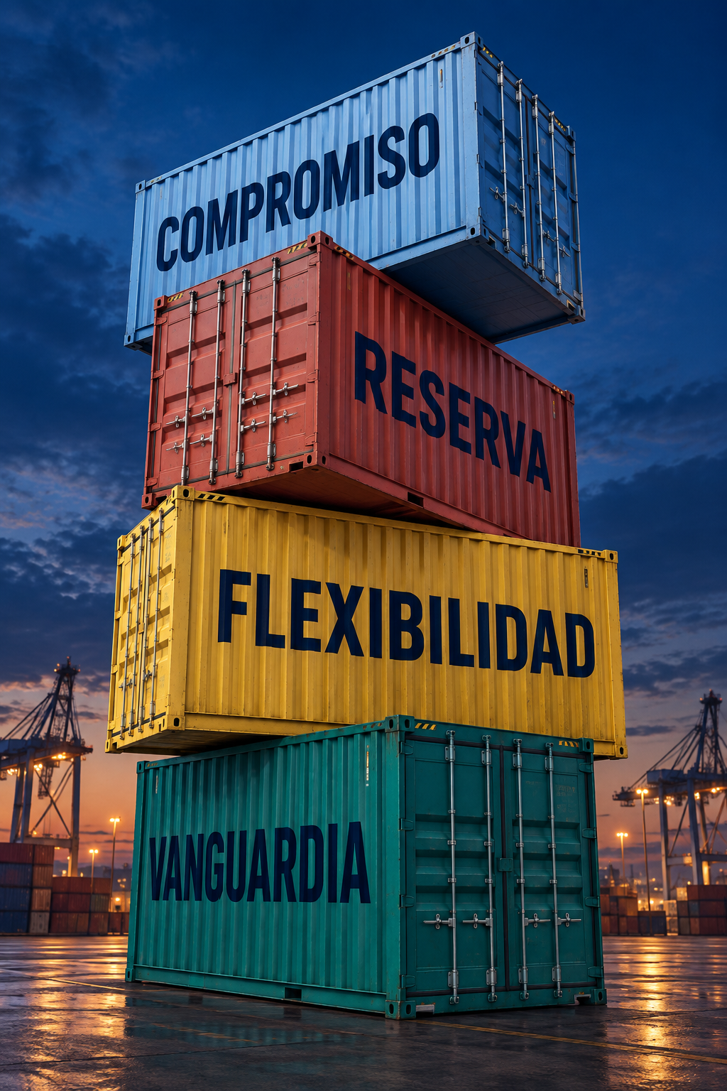 Cuatro contenedores apilados con los conceptos Compromiso, Reserva, Flexibilidad y Vanguardia